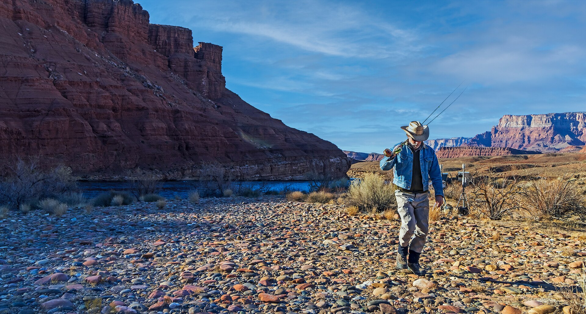 Fly Fisherman Walking Back From Colorado River in AZ